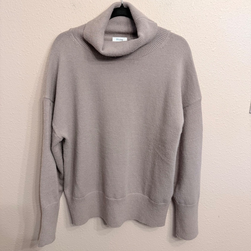 Bluivy Cowl Neck Sweater Taupe Drop Shoulder Knit Top M/L